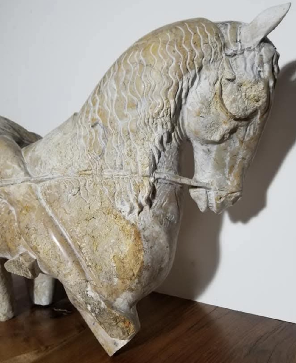 Warrior — dolomite and chestnut wood sculpture by Irakli Athoneli